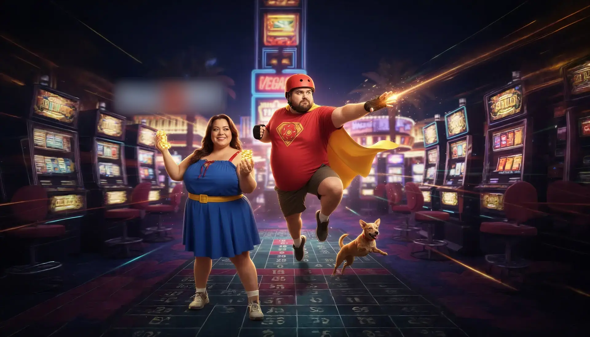 Vegas Hero casino heroes running through a neon Las Vegas slot hall