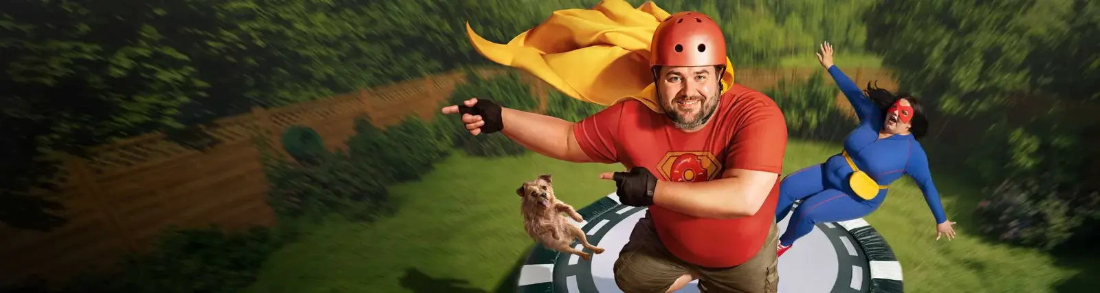 Vegas Hero superhero mascot jumping on a trampoline with his sidekick and dog