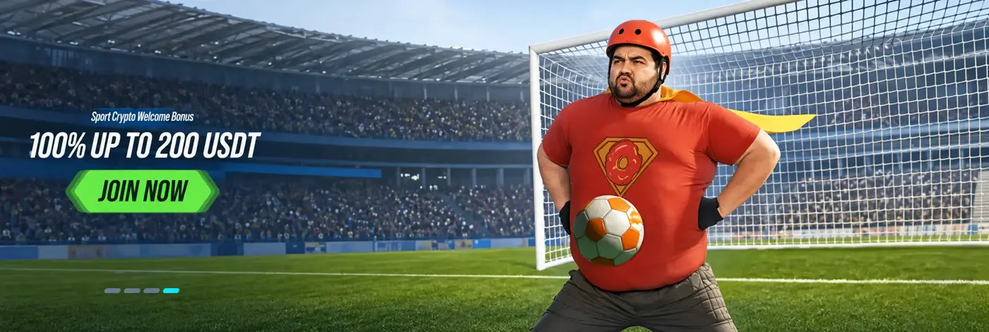 Vegas Hero sport crypto welcome bonus: 100% up to 200 USDT, mascot in goal at a football stadium